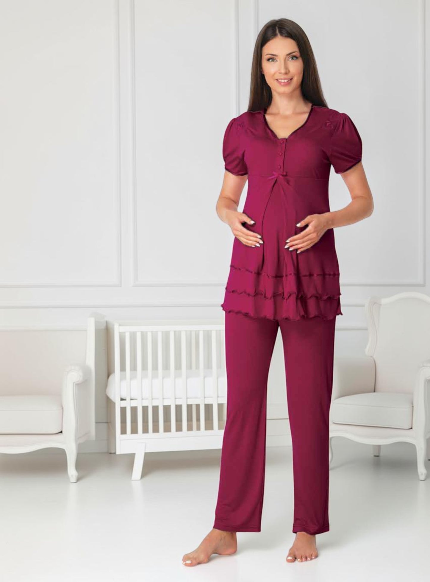 Cherry Red maternity pyjamas by Mini Plum, short sleeve lace button – nursing & breastfeeding nightwear, postpartum, hospital bag ready