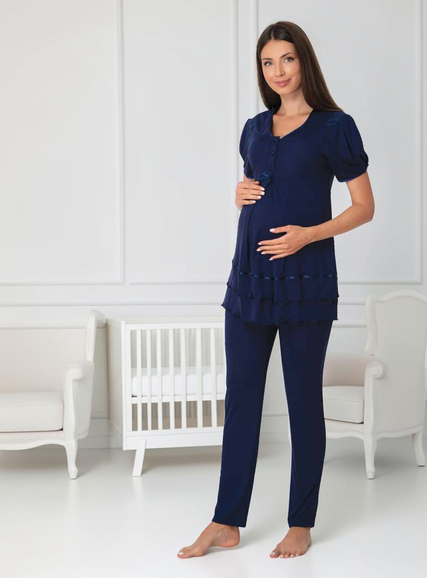 Navy maternity pyjamas by Mini Plum, short sleeve lace button – nursing & breastfeeding nightwear, postpartum, hospital bag ready