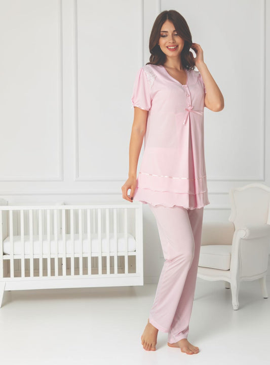 Pink maternity pyjamas by Mini Plum, short sleeve lace button – nursing & breastfeeding nightwear, postpartum, hospital bag ready