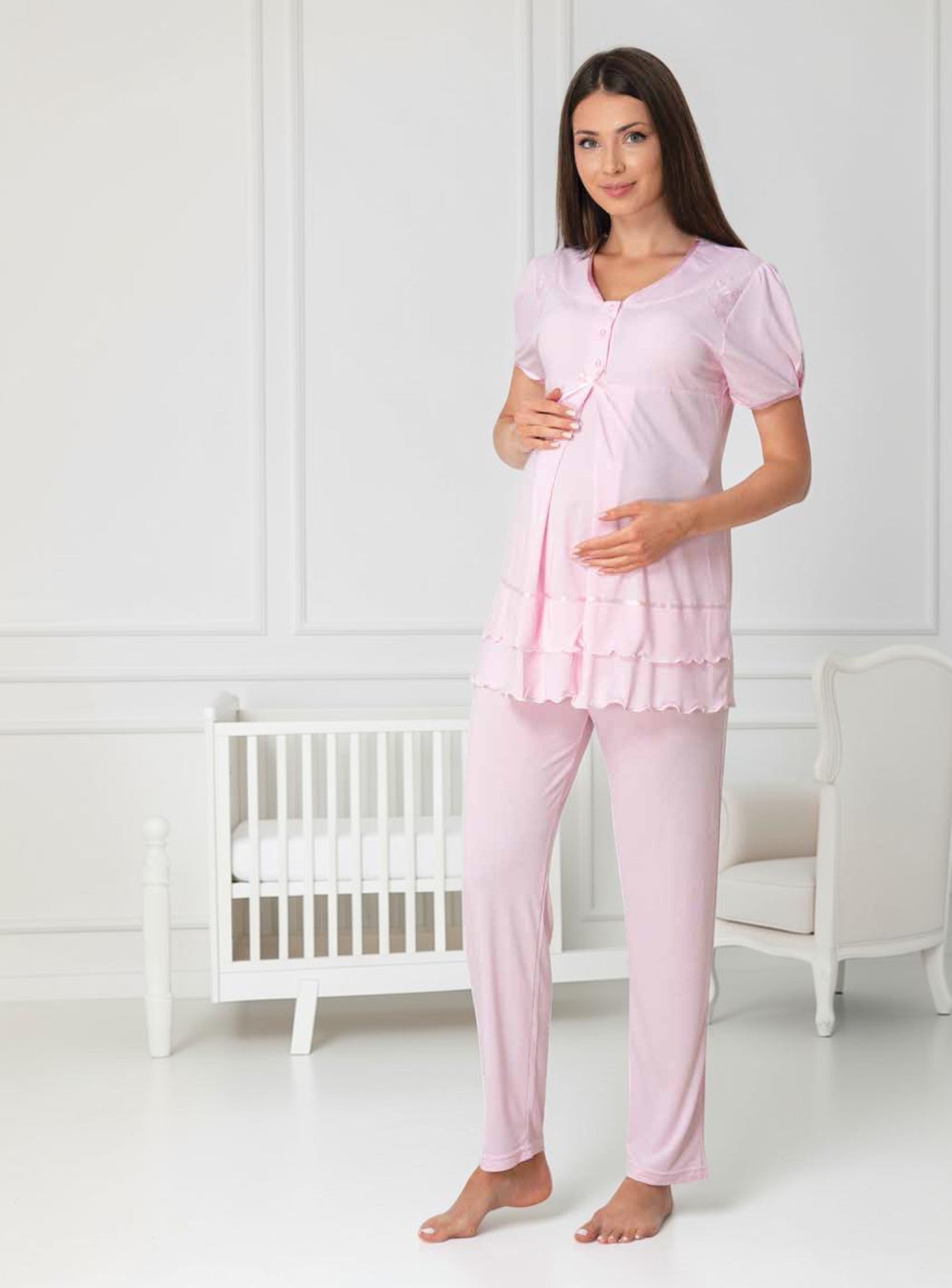 Pink maternity pyjamas by Mini Plum, short sleeve lace button – nursing & breastfeeding nightwear, postpartum, hospital bag ready