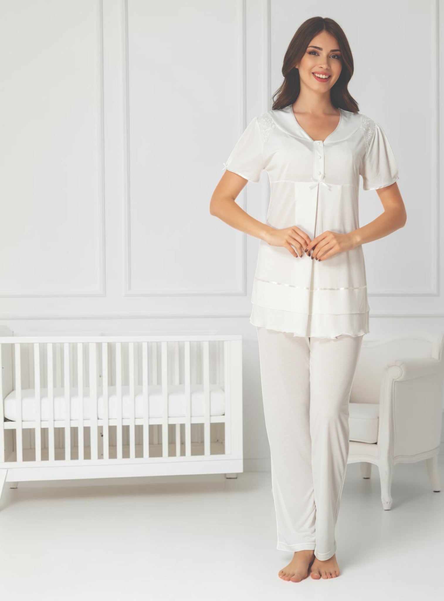 White maternity pyjamas by Mini Plum – nursing maternity nightwear, breastfeeding button-down, hospital bag & baby shower gift