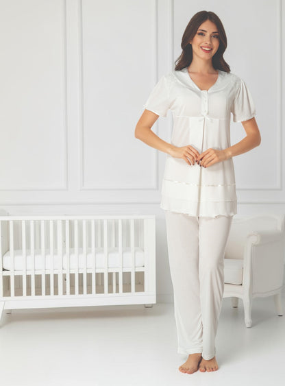 White maternity pyjamas by Mini Plum, short sleeve lace button – nursing & breastfeeding nightwear, postpartum, hospital bag ready