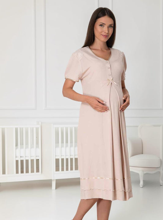 Beige maternity nightie by Mini Plum, short sleeve ruffle nightie – nursing & breastfeeding nightwear, postpartum, hospital bag ready