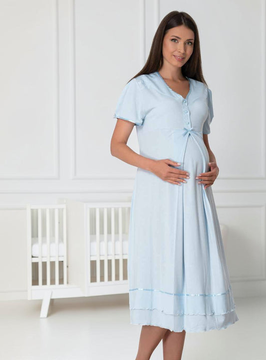 Blue maternity nightie by Mini Plum, short sleeve ruffle nightie – nursing & breastfeeding nightwear, postpartum, hospital bag ready