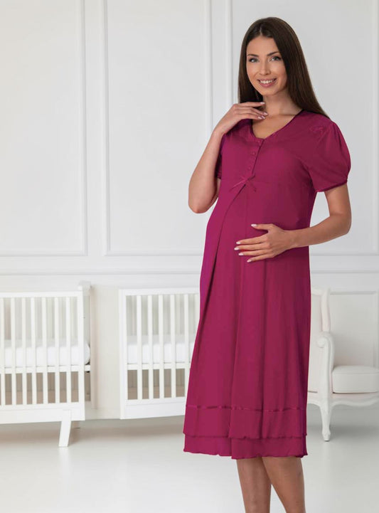 Cherry Red maternity nightie by Mini Plum, short sleeve ruffle nightie – nursing & breastfeeding nightwear, postpartum, hospital bag ready