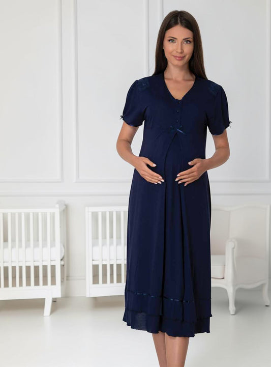 Navy maternity nightie by Mini Plum, short sleeve ruffle nightie – nursing & breastfeeding nightwear, postpartum, hospital bag ready