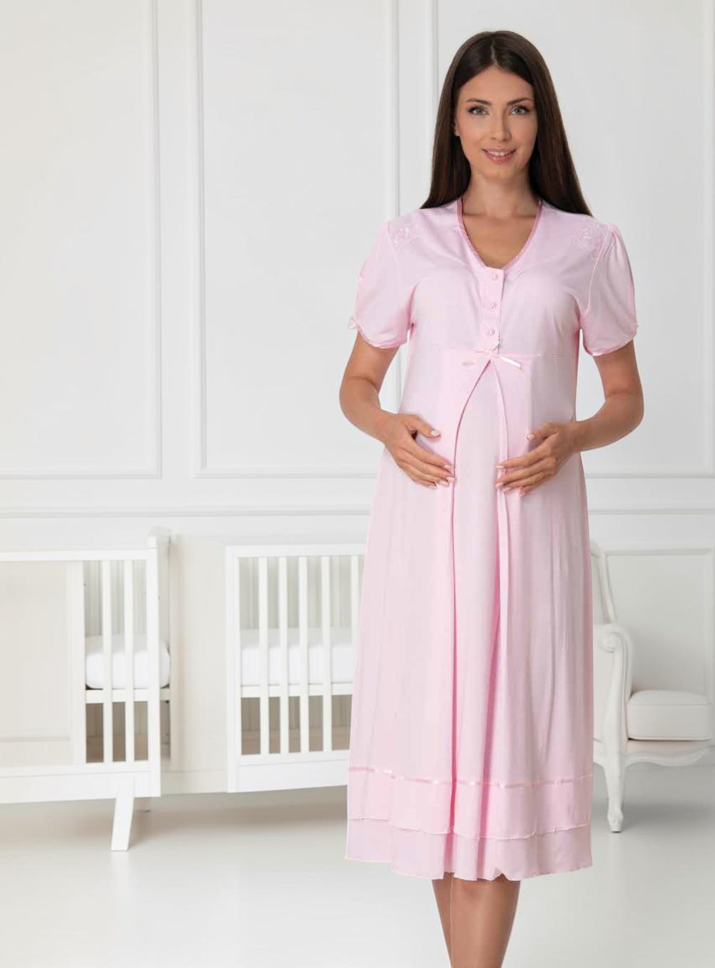Pink maternity nightie by Mini Plum – nursing maternity nightwear, breastfeeding button-down, hospital bag & baby shower gift