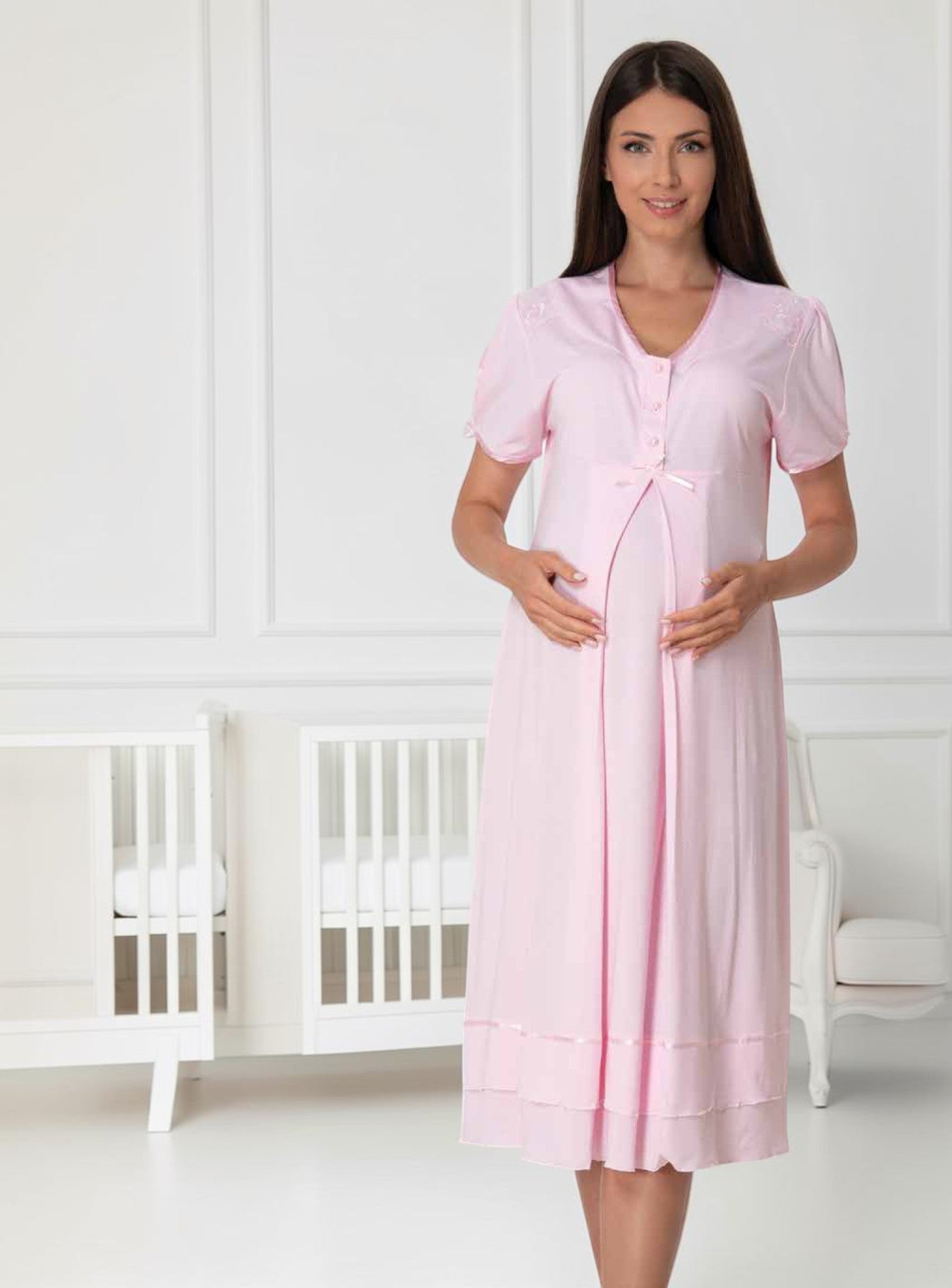 Pink maternity nightie by Mini Plum – nursing maternity nightwear, breastfeeding button-down, hospital bag & baby shower gift