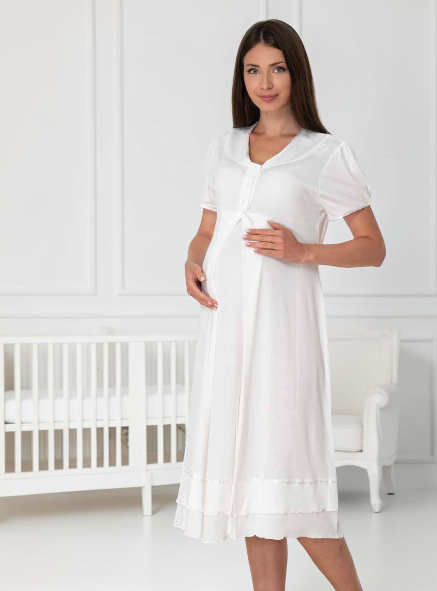 White maternity nightie by Mini Plum – nursing maternity nightwear, breastfeeding button-down, hospital bag & baby shower gift