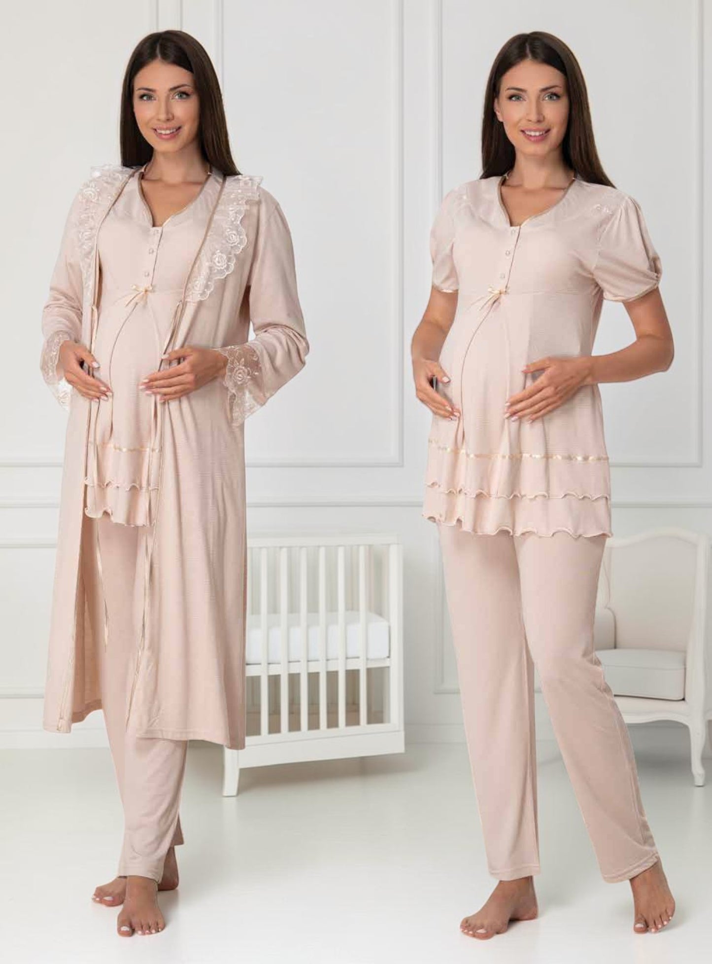 Beige maternity pyjama & robe set by Mini Plum, long sleeve lace button – nursing & breastfeeding nightwear, postpartum, hospital bag ready