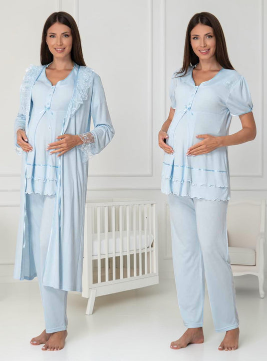 Blue maternity pyjama & robe set by Mini Plum, long sleeve lace button – nursing & breastfeeding nightwear, postpartum, hospital bag ready