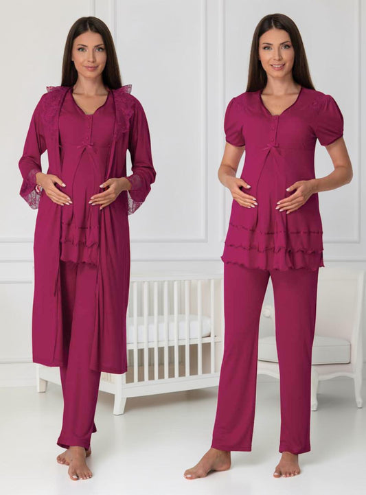 Cherry Red maternity pyjama & robe set by Mini Plum, long sleeve lace button – nursing & breastfeeding nightwear, postpartum, hospital bag ready