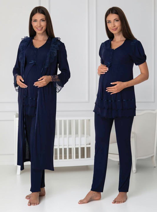 Navy maternity pyjama & robe set by Mini Plum, long sleeve lace button – nursing & breastfeeding nightwear, postpartum, hospital bag ready