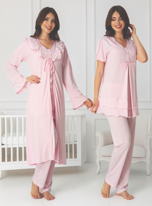 Pink maternity pyjama & robe set by Mini Plum, long sleeve lace button – nursing & breastfeeding nightwear, postpartum, hospital bag ready