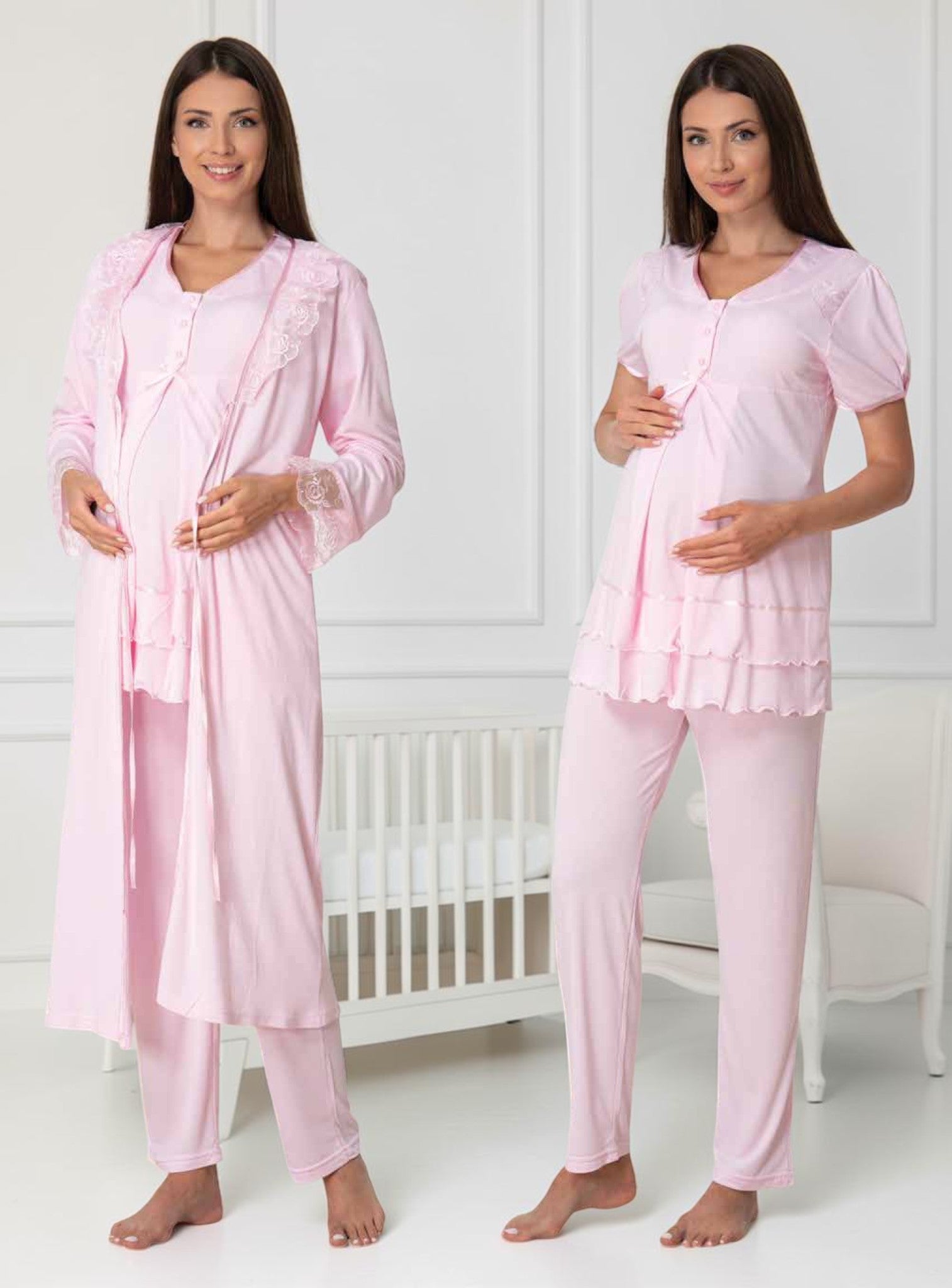 Pink maternity pyjama & robe set by Mini Plum, long sleeve lace button – nursing & breastfeeding nightwear, postpartum, hospital bag ready