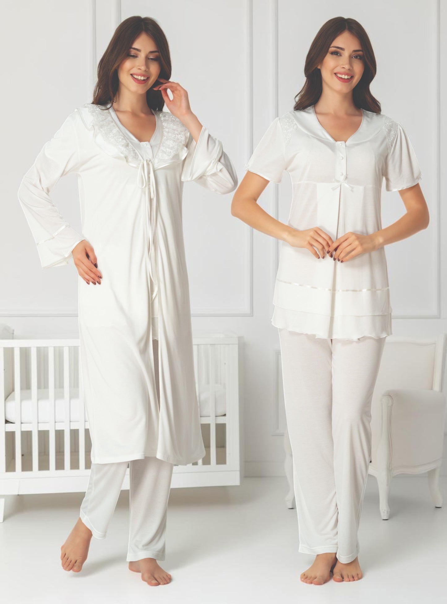 White maternity pyjama & robe set by Mini Plum – nursing maternity nightwear, breastfeeding button-down, hospital bag & baby shower gift