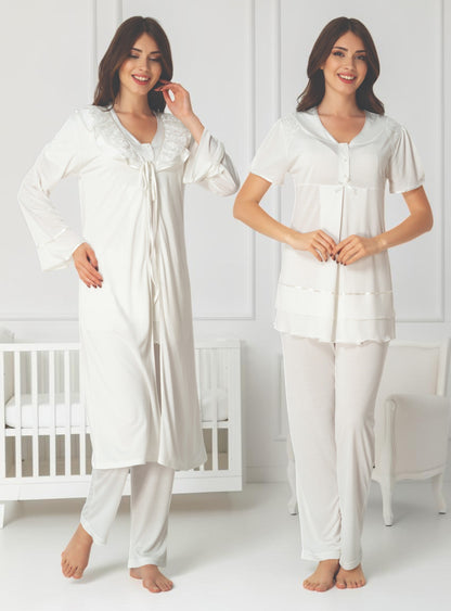 White maternity pyjama & robe set by Mini Plum, long sleeve lace button – nursing & breastfeeding nightwear, postpartum, hospital bag ready