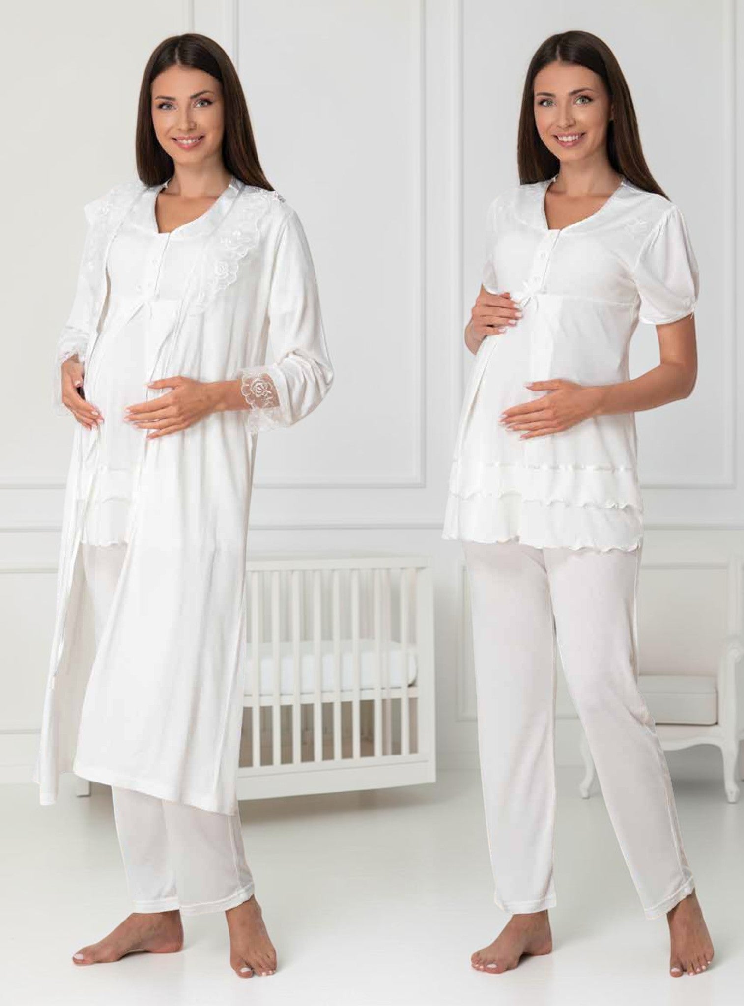 White maternity pyjama & robe set by Mini Plum, long sleeve lace button – nursing & breastfeeding nightwear, postpartum, hospital bag ready