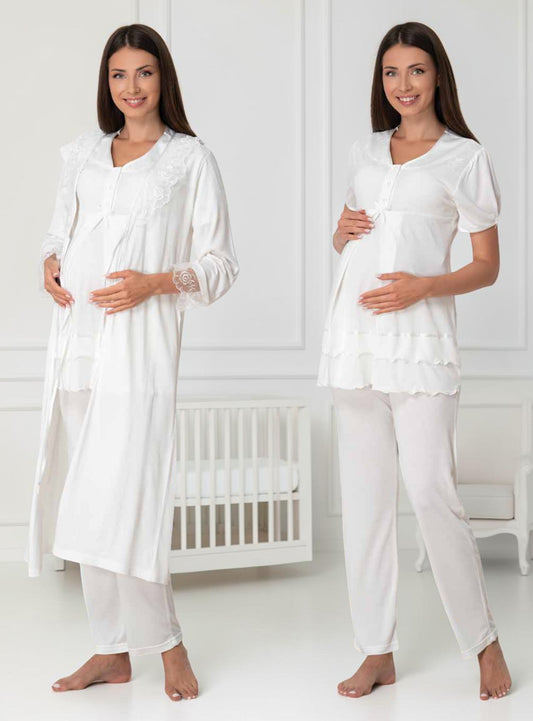White maternity pyjama & robe set by Mini Plum, long sleeve lace button – nursing & breastfeeding nightwear, postpartum, hospital bag ready