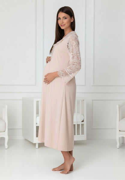 Beige maternity nightie and robe set by Mini Plum, long sleeve lace nightie – nursing & breastfeeding nightwear, postpartum, hospital bag ready