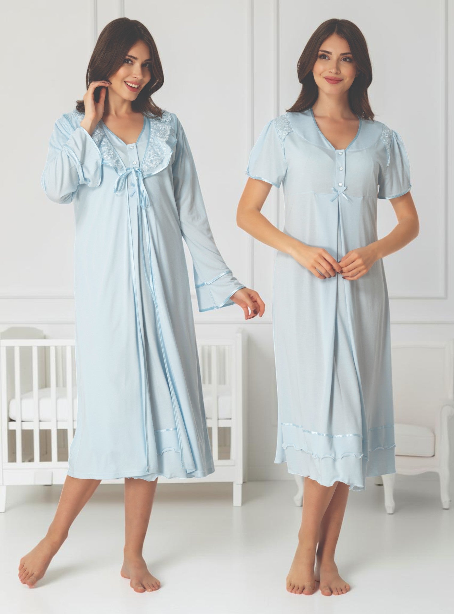 Blue maternity nightie and robe set by Mini Plum – nursing maternity nightwear, breastfeeding button-down, hospital bag & baby shower gift
