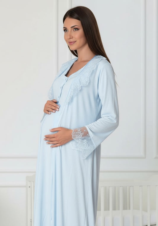 Blue maternity nightie and robe set by Mini Plum, long sleeve lace nightie – nursing & breastfeeding nightwear, postpartum, hospital bag ready