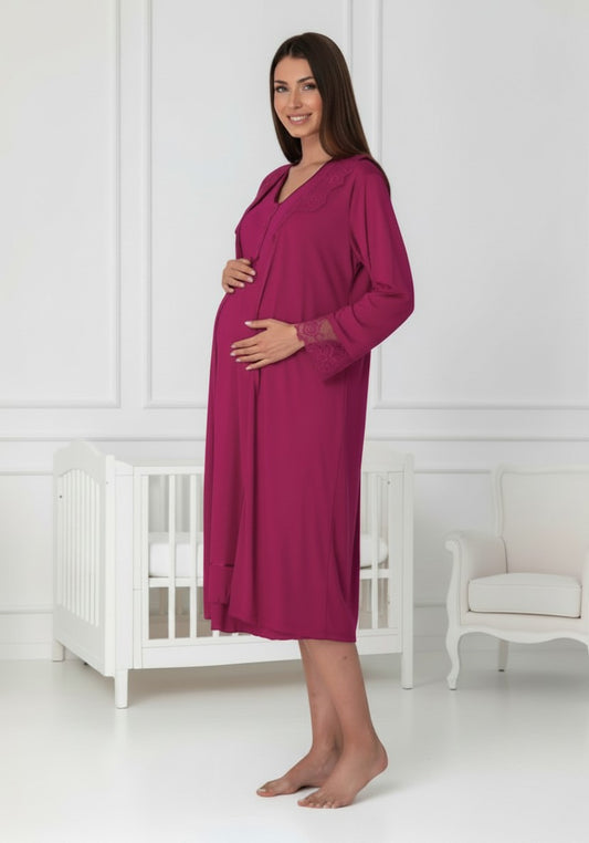 Cherry Red maternity nightie and robe set by Mini Plum, long sleeve lace nightie – nursing & breastfeeding nightwear, postpartum, hospital bag ready