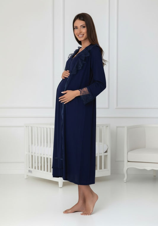 Navy maternity nightie and robe set by Mini Plum, long sleeve lace nightie – nursing & breastfeeding nightwear, postpartum, hospital bag ready