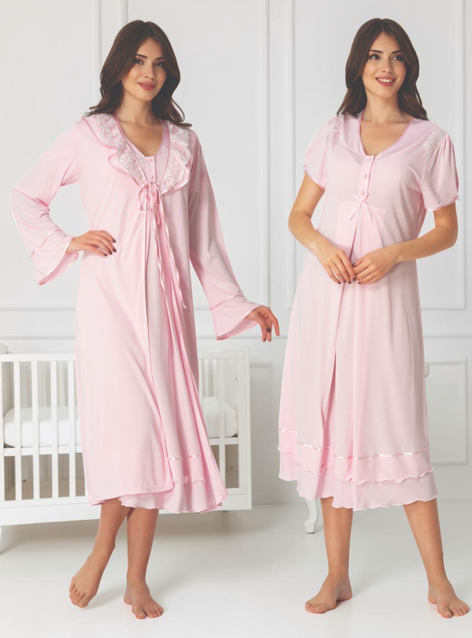 Pink maternity nightie and robe set by Mini Plum – nursing maternity nightwear, breastfeeding button-down, hospital bag & baby shower gift