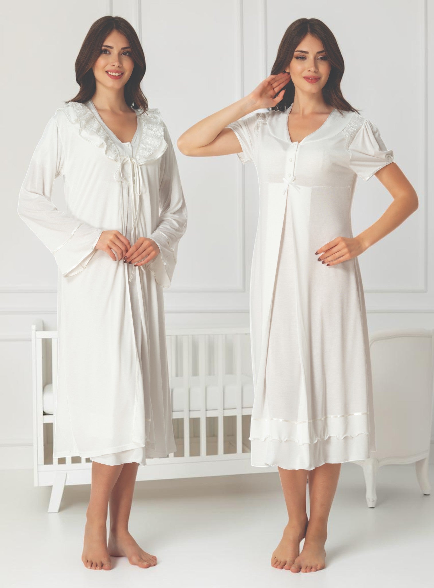 White maternity nightie and robe set by Mini Plum – nursing maternity nightwear, breastfeeding button-down, hospital bag & baby shower gift