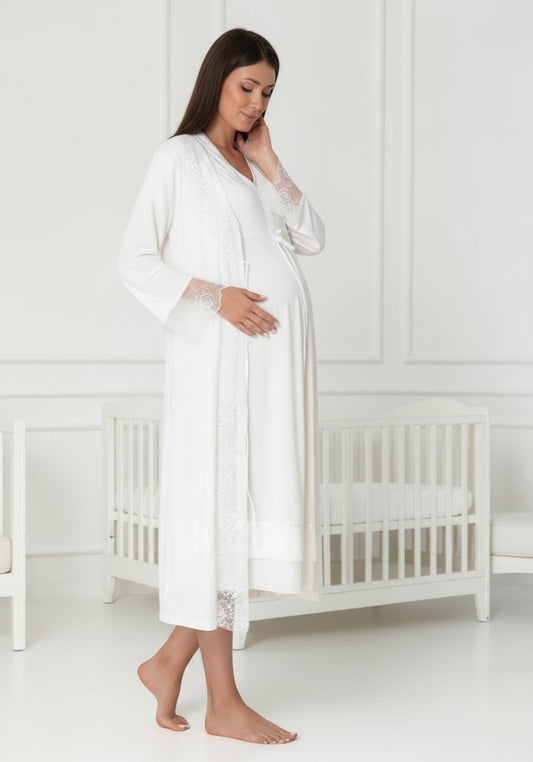 White maternity nightie and robe set by Mini Plum, long sleeve lace nightie – nursing & breastfeeding nightwear, postpartum, hospital bag ready