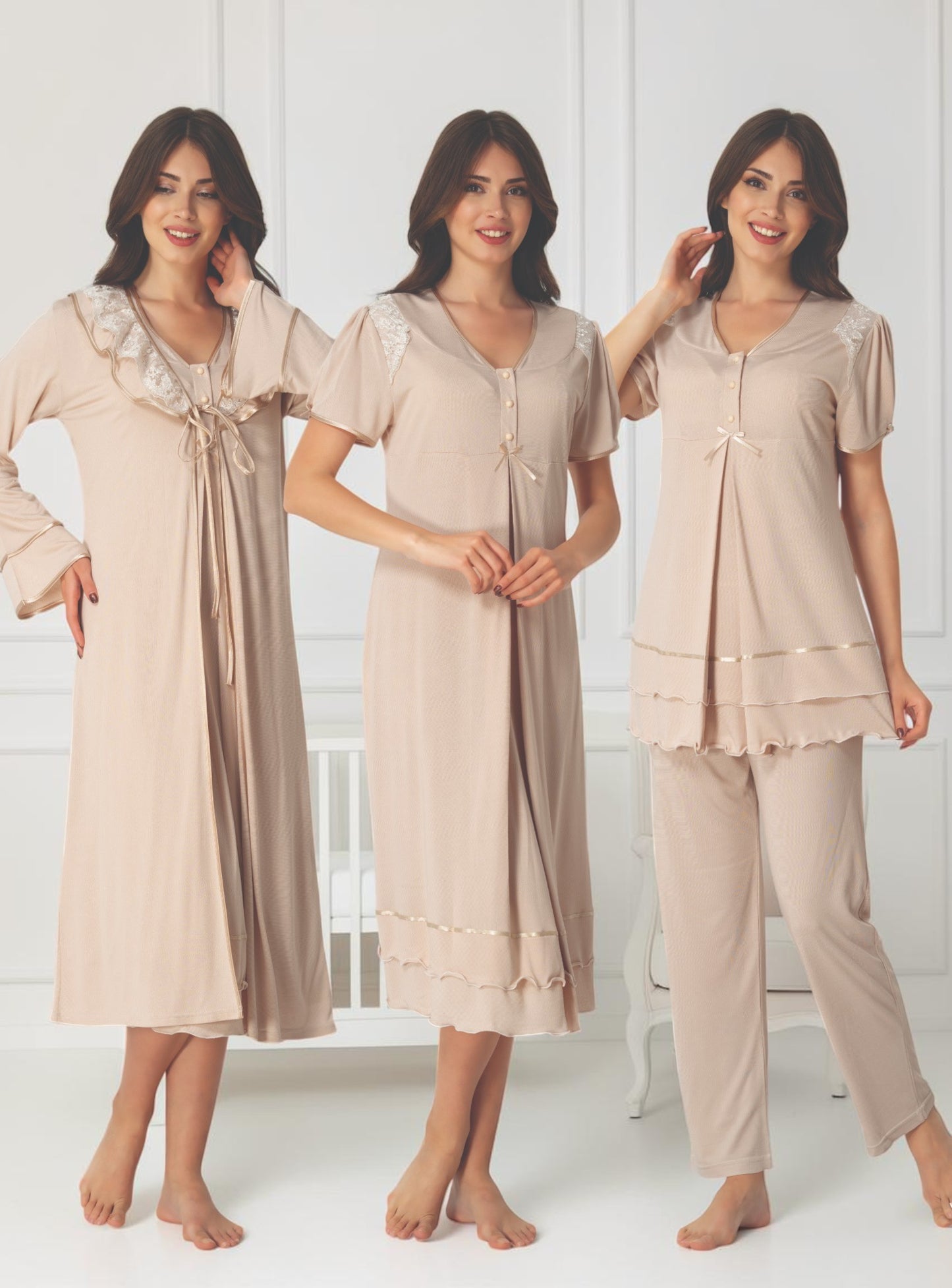 Beige maternity pyjama & robe set by Mini Plum – nursing maternity nightwear, breastfeeding button-down, hospital bag & baby shower gift