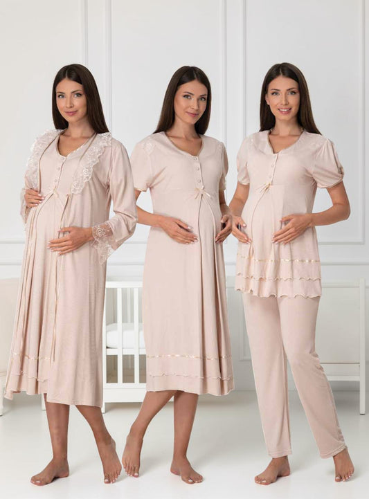 Beige maternity pyjama & robe set by Mini Plum, long sleeve lace set – nursing & breastfeeding nightwear, postpartum, hospital bag ready