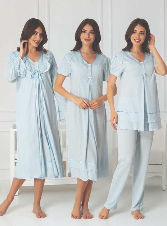 Blue maternity pyjama & robe set by Mini Plum, long sleeve lace set – nursing & breastfeeding nightwear, postpartum, hospital bag ready