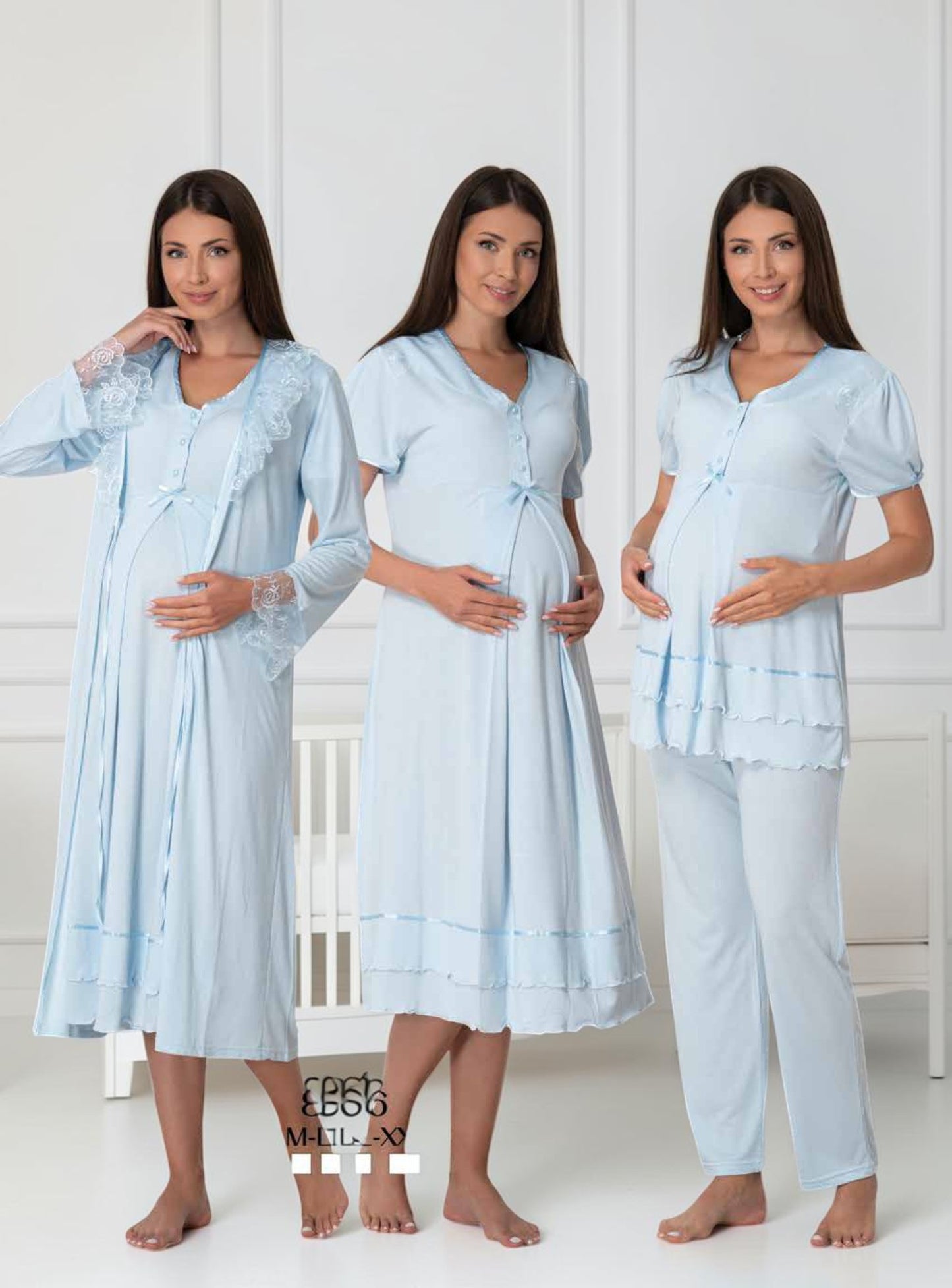 Blue maternity pyjama & robe set by Mini Plum, long sleeve lace set – nursing & breastfeeding nightwear, postpartum, hospital bag ready