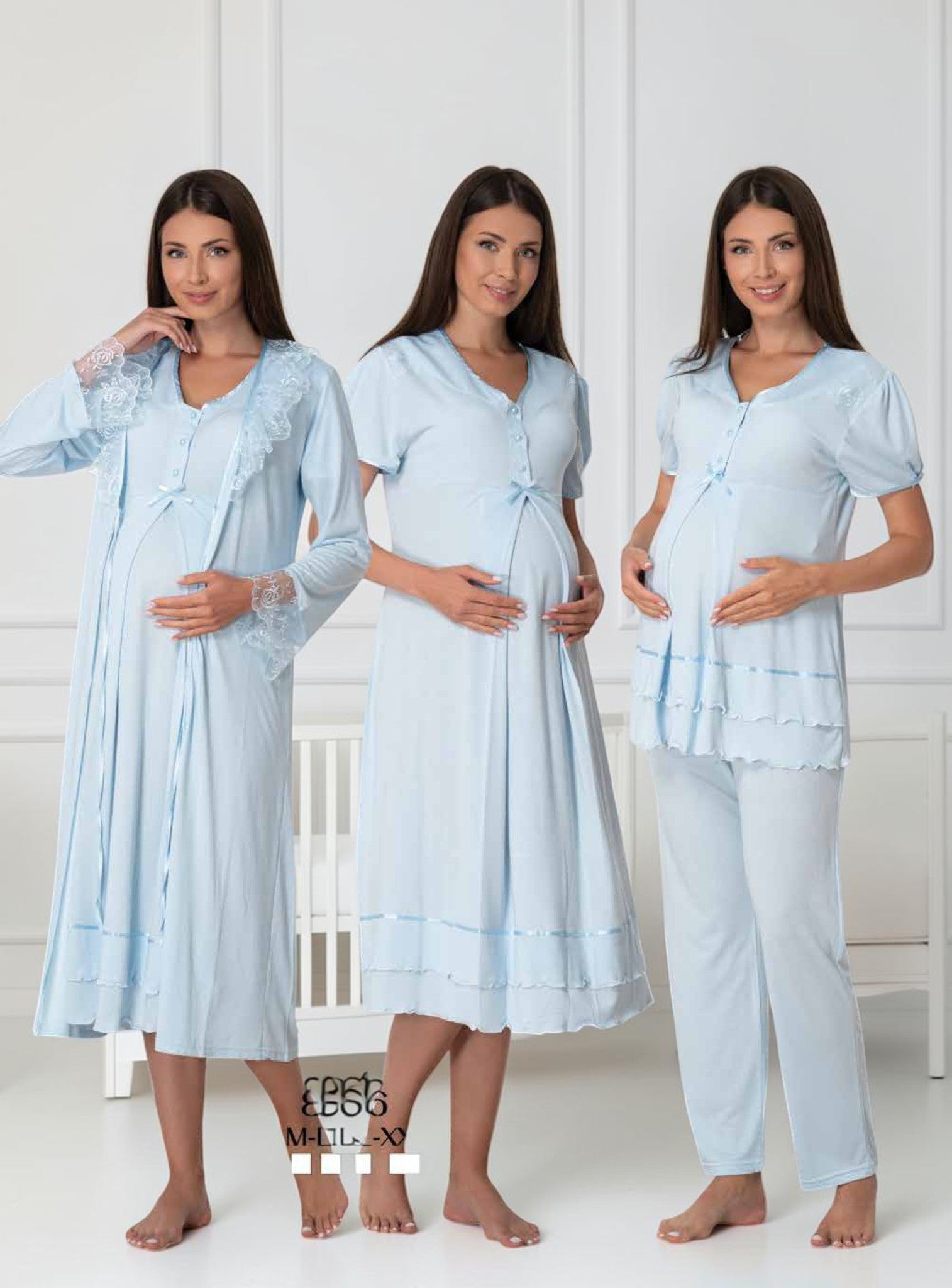 Blue maternity pyjama & robe set by Mini Plum, long sleeve lace set – nursing & breastfeeding nightwear, postpartum, hospital bag ready