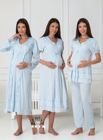 Blue maternity pyjama & robe set by Mini Plum, long sleeve lace set – nursing & breastfeeding nightwear, postpartum, hospital bag ready