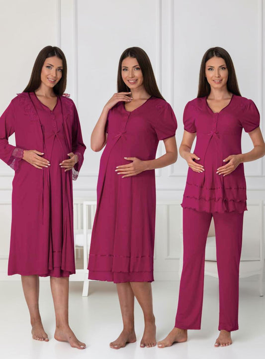 Cherry Red maternity pyjama & robe set by Mini Plum, long sleeve lace set – nursing & breastfeeding nightwear, postpartum, hospital bag ready