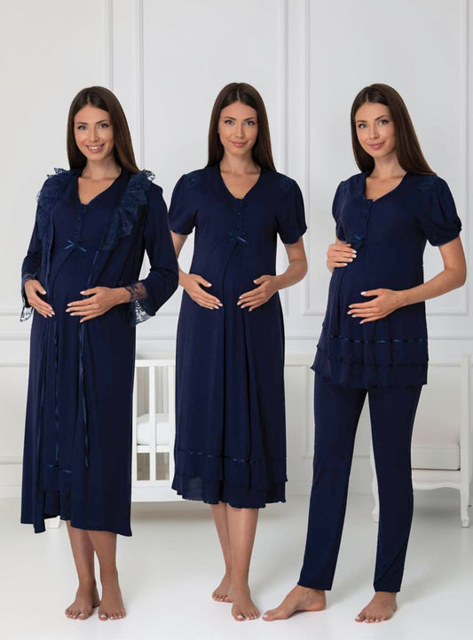 Navy maternity pyjama & robe set by Mini Plum, long sleeve lace set – nursing & breastfeeding nightwear, postpartum, hospital bag ready