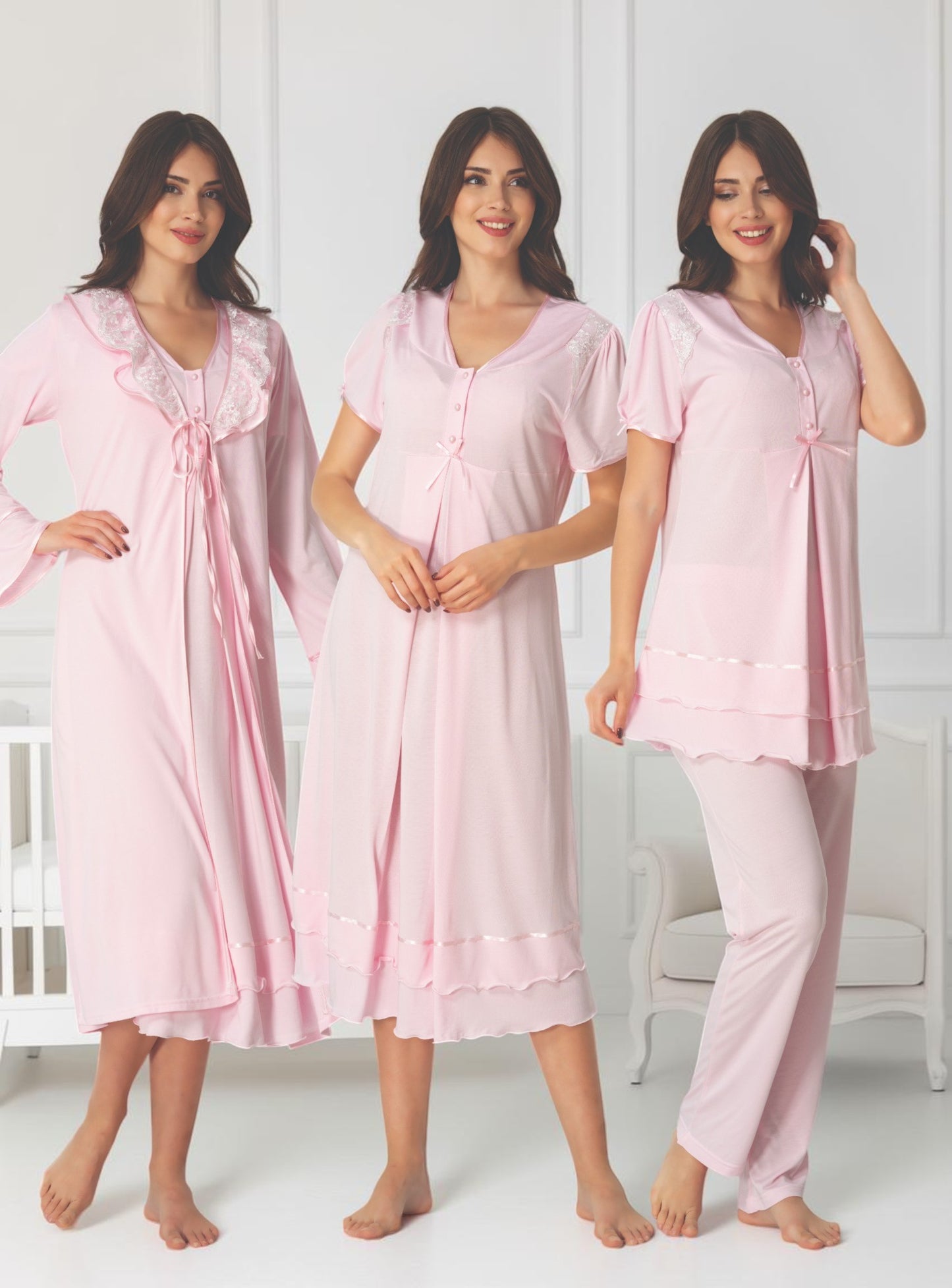 Pink maternity pyjama & robe set by Mini Plum – nursing maternity nightwear, breastfeeding button-down, hospital bag & baby shower gift