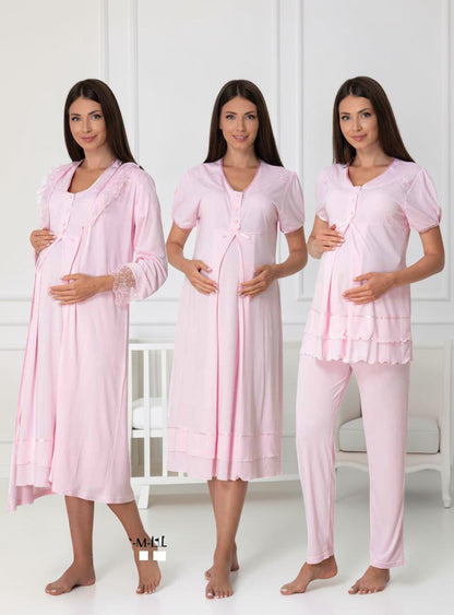 Pink maternity pyjama & robe set by Mini Plum, long sleeve lace set – nursing & breastfeeding nightwear, postpartum, hospital bag ready