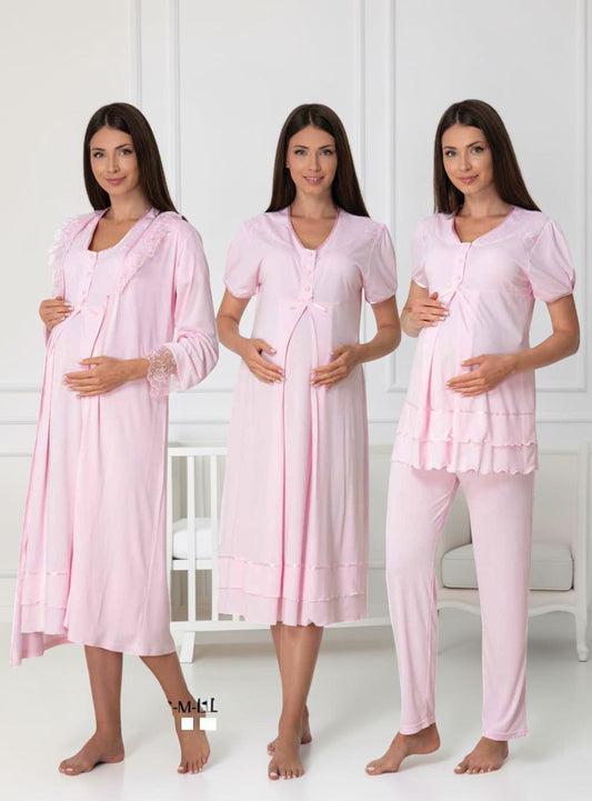 Pink maternity pyjama & robe set by Mini Plum, long sleeve lace set – nursing & breastfeeding nightwear, postpartum, hospital bag ready