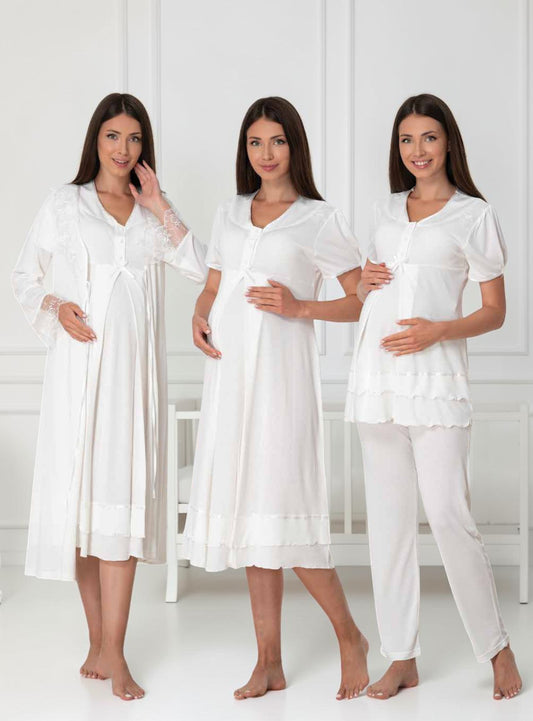 White maternity pyjama & robe set by Mini Plum, long sleeve lace set – nursing & breastfeeding nightwear, postpartum, hospital bag ready