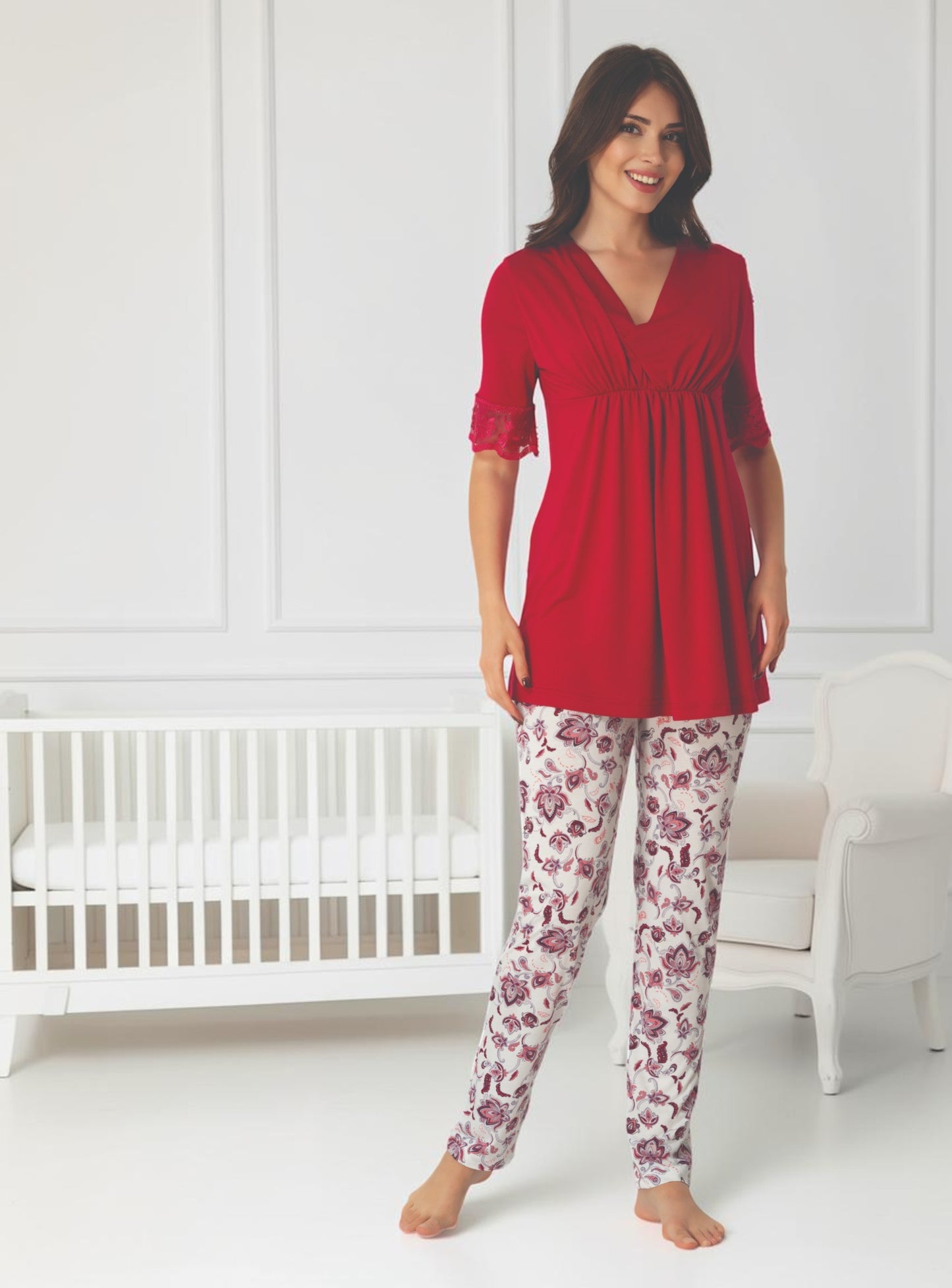 Cherry Red maternity pyjamas by Mini Plum – nursing maternity nightwear, breastfeeding button-down, hospital bag & baby shower gift
