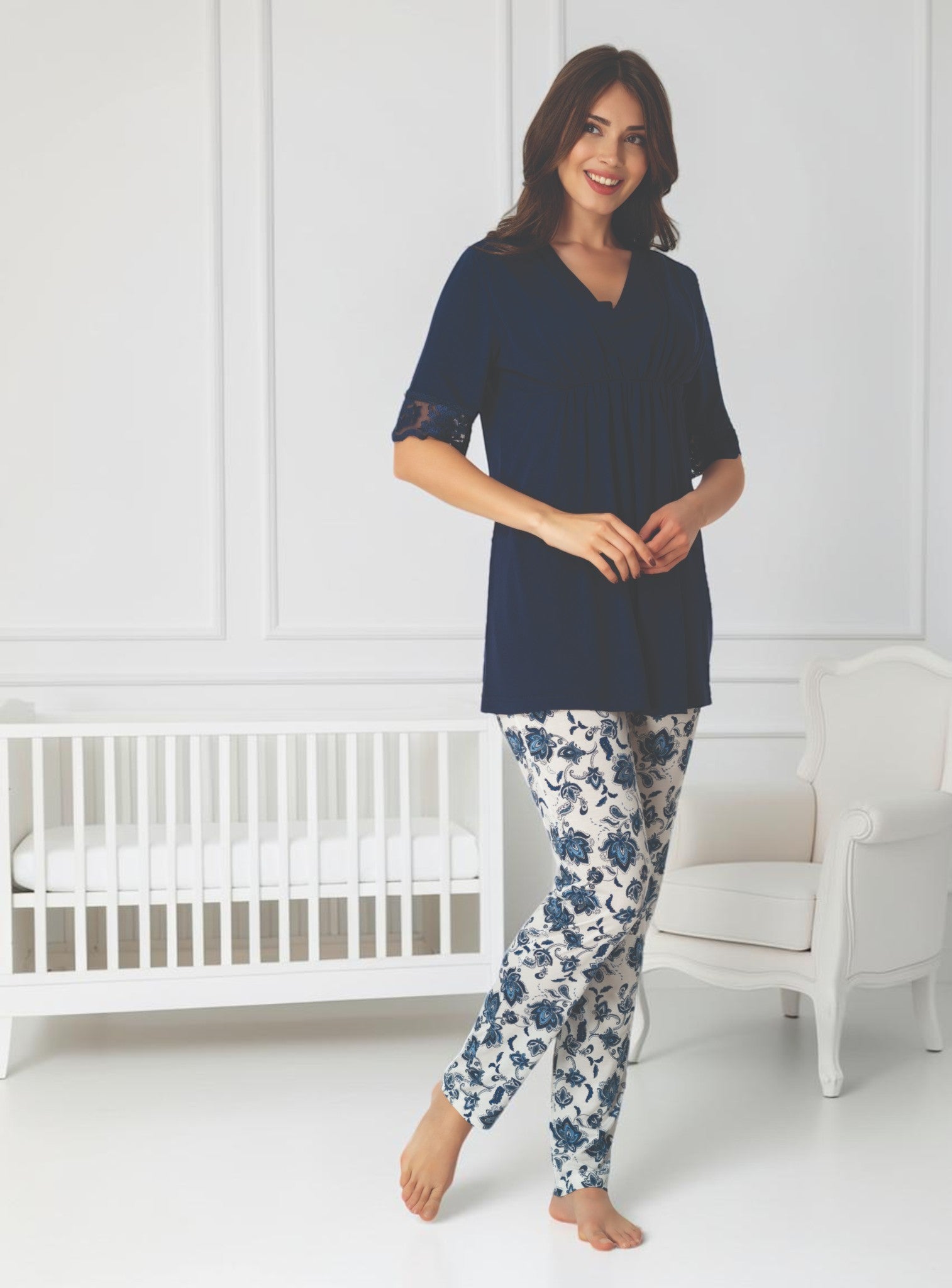Navy maternity pyjamas by Mini Plum – nursing maternity nightwear, breastfeeding button-down, hospital bag & baby shower gift