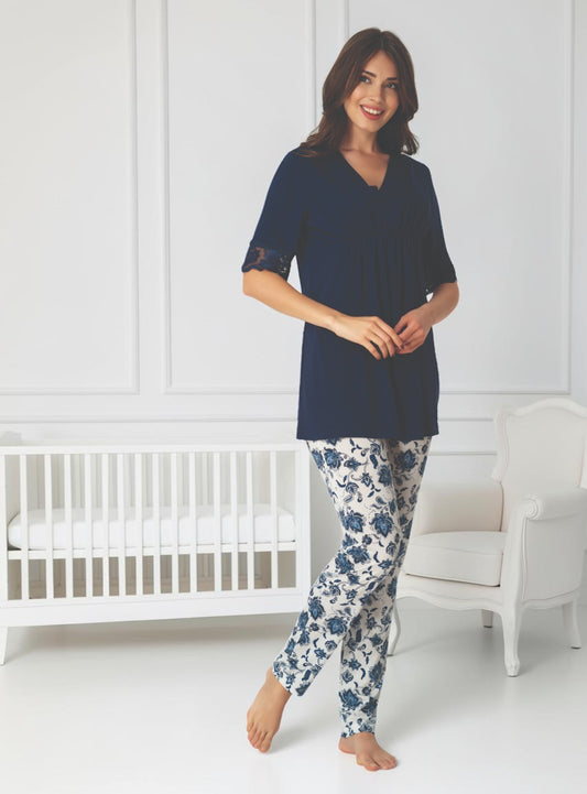 Navy maternity pyjamas by Mini Plum, short sleeve floral v-neck – nursing & breastfeeding nightwear, postpartum, hospital bag ready