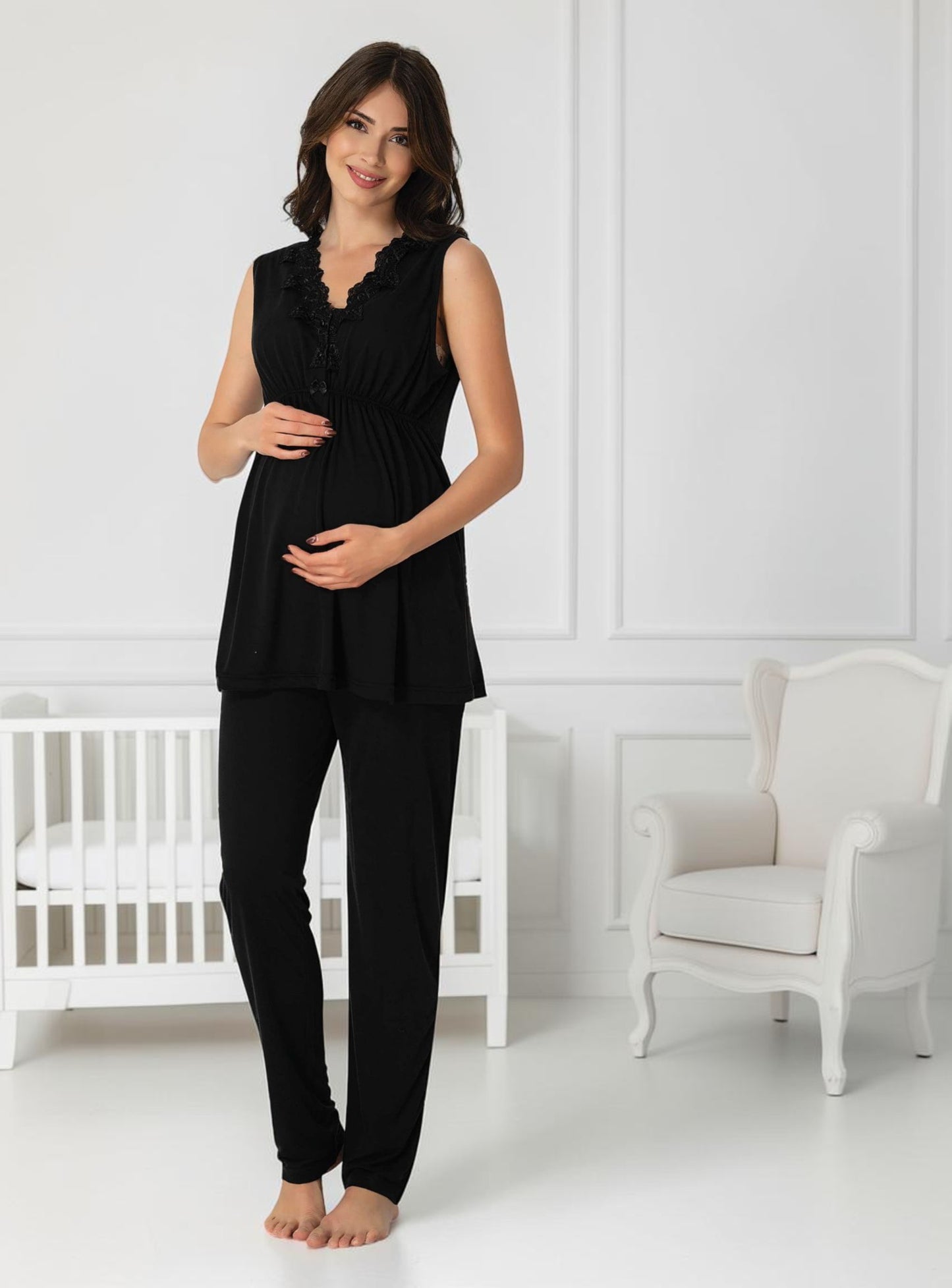 Black maternity pyjamas by Mini Plum, sleeveless lace v-neck – nursing & breastfeeding nightwear, postpartum, hospital bag ready
