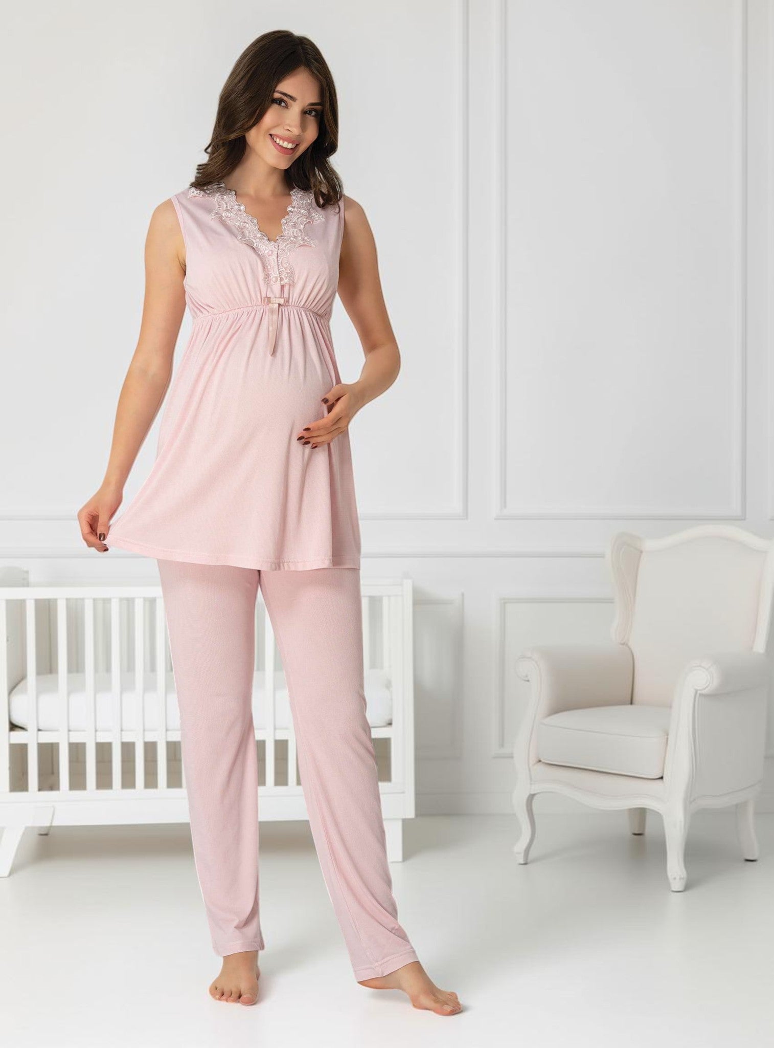 Light Pink maternity pyjamas by Mini Plum, sleeveless lace v-neck – nursing & breastfeeding nightwear, postpartum, hospital bag ready