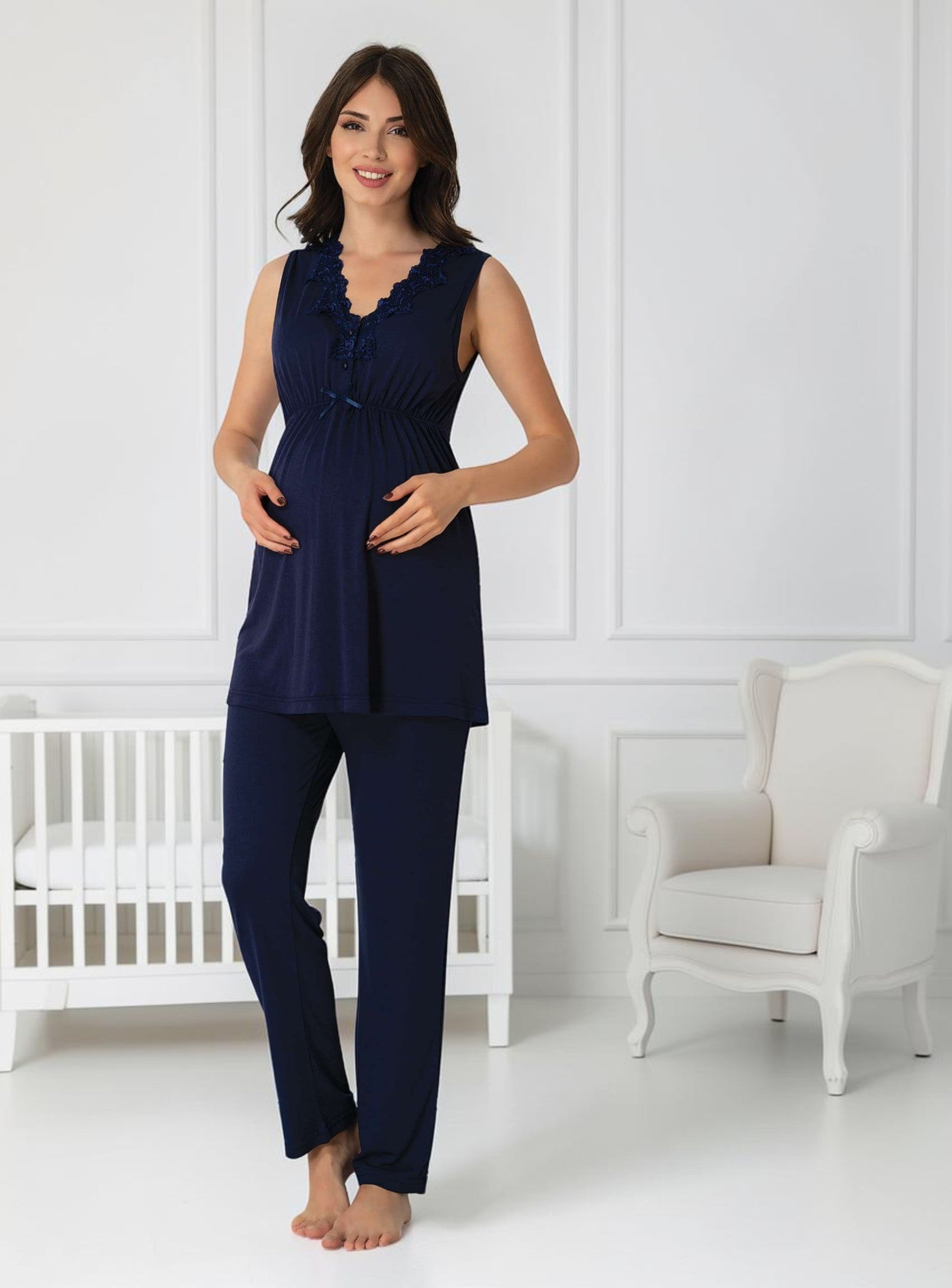 Navy maternity pyjamas by Mini Plum, sleeveless lace v-neck – nursing & breastfeeding nightwear, postpartum, hospital bag ready