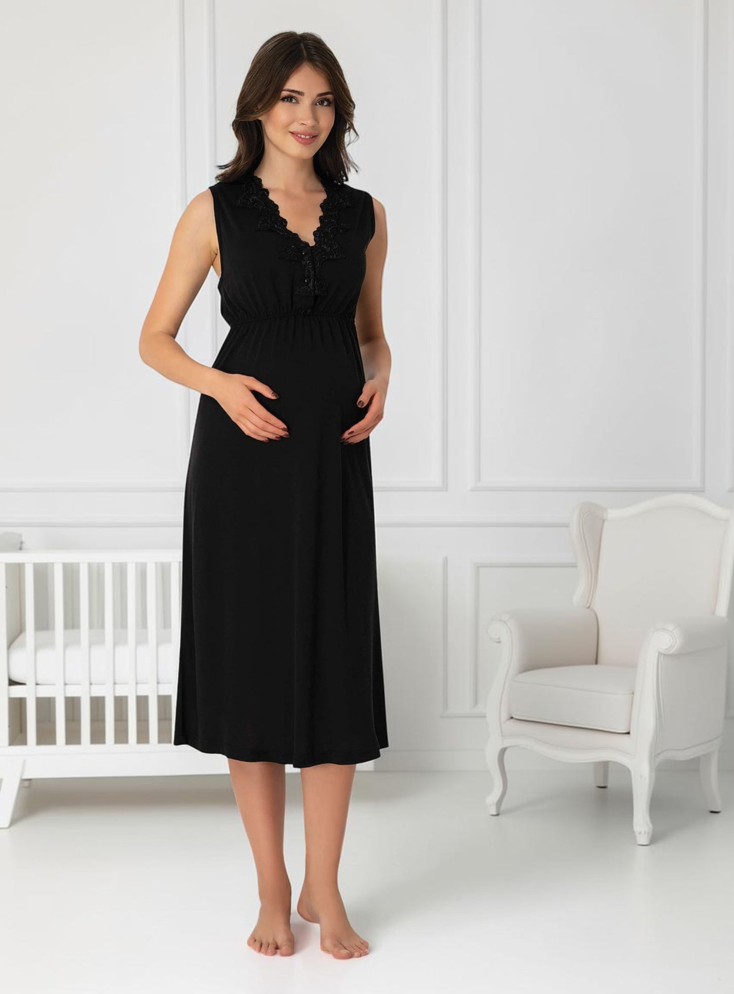 Black maternity nightie by Mini Plum, sleeveless lace nightie – nursing & breastfeeding nightwear, postpartum, hospital bag ready